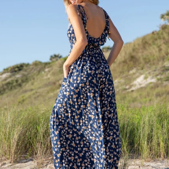 Natural Life Golden Eye Wide-Leg Jumpsuit- Navy Tan Floral Medium - Picture 3 of 6